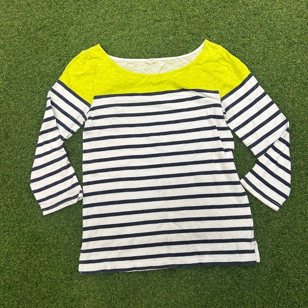 J.Crew Womens Navy White Striped Neon Yellow Colorblock Long Sleeve Tee Size M